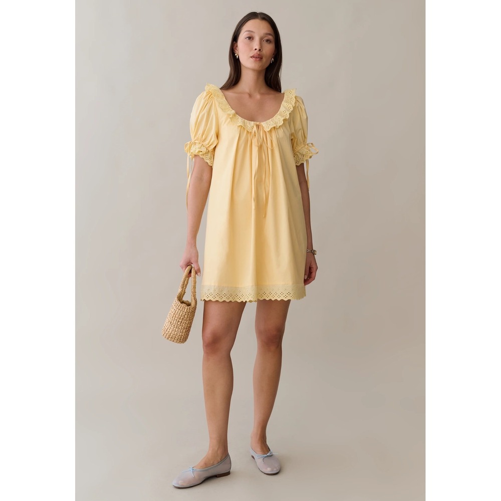 Kourt Juliet Light Yellow Eyelet Trim Babydoll Mini Dress Puff Sleeve XL